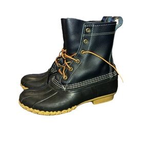 L.L. Bean Navy and Tan Waterproof Duck Boots with Orange Laces